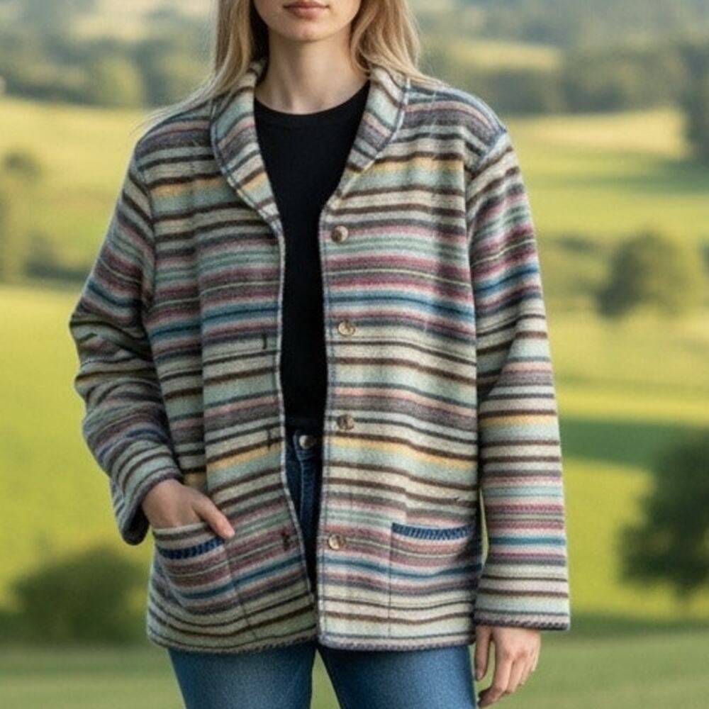 Vintage CLC Wool Sweater Jacket M‎ Rainbow Stripe Shawl Collar Eclectic Boho